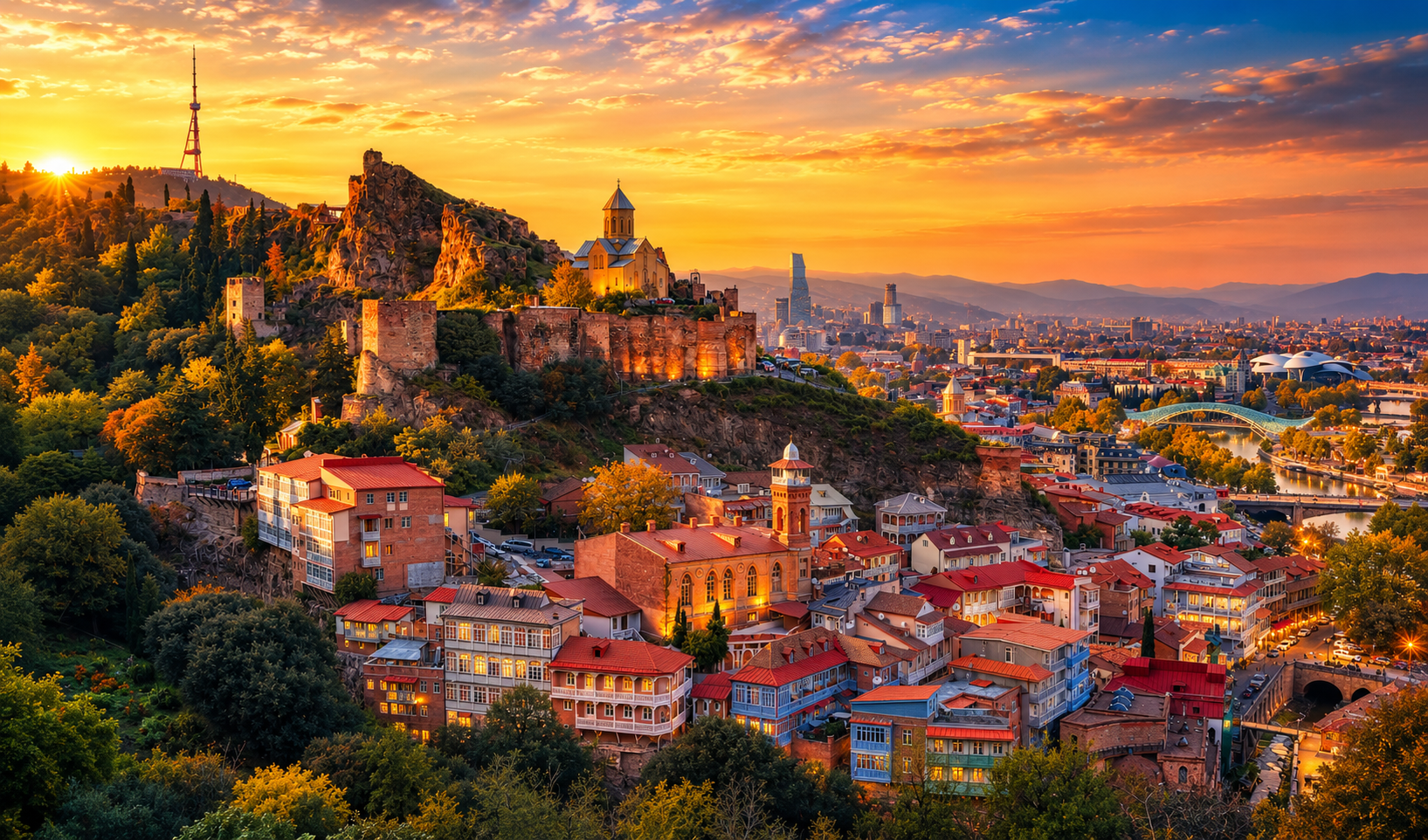 Old Tbilisi at sunset with Narikala Fortress, St Nicholas Church and traditional rooftops