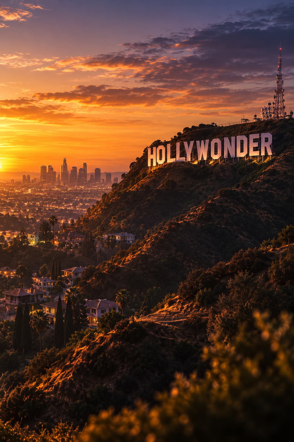 The HOLLYWONDER sign on the Hollywood Hills above the Los Angeles skyline at sunset