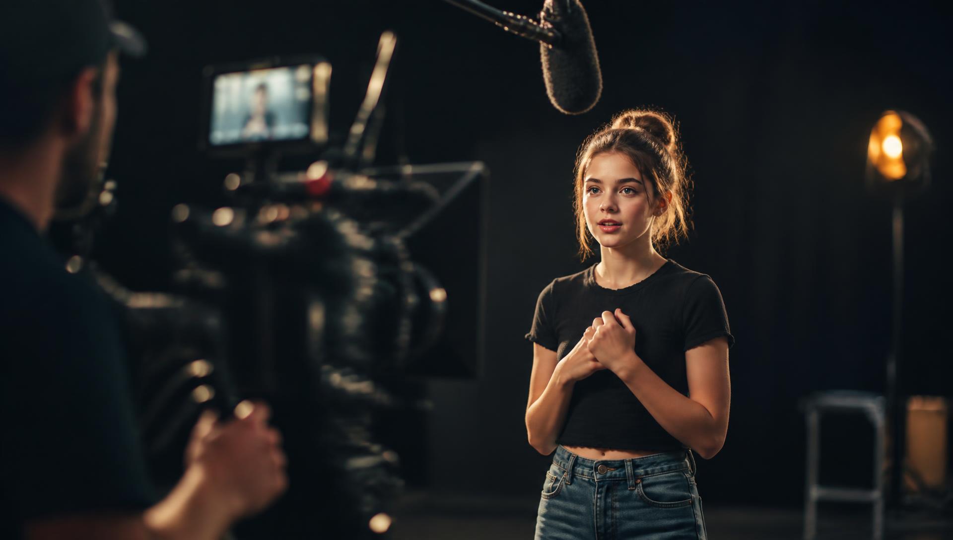 A young performer acting in front of a cinema camera on a film set